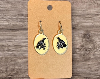 Crow Cameo Dangle Earrings | Gold Trim, Witchy Jewelry