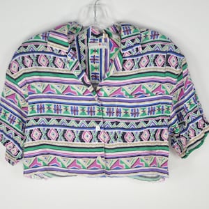 Cropped Button Down - Small/Medium | Vintage Y2K Aztec Print Blouse | Short Sleeve 90s Blouse | Colorful Print Top | Cropped Print Shirt