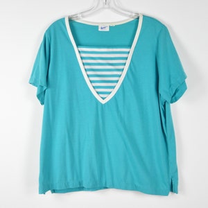 80s Turquoise Striped Blouse - XLarge | Vintage Green Blue and White Jersey Blouse | 80s Striped Top | Vintage 80s Striped Tee | Nautical
