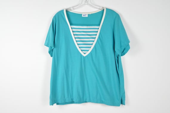 80s Turquoise Striped Blouse - XLarge | Vintage G… - image 1