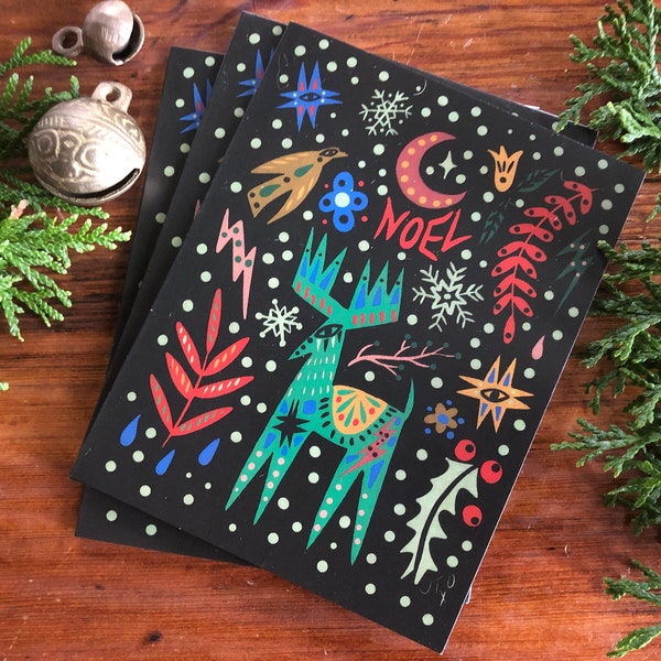 Whimsical Christmas Card Set | Folk Art Holiday Stationary | Christmas Blank Illustrated Yule Deer Cards | Winter Solstice Woodland Cards