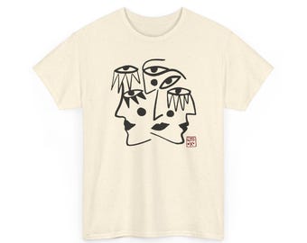 Surreal Face Line Art T-Shirt – Abstract Eyes Graphic Tee, Natural Cotton Shirt