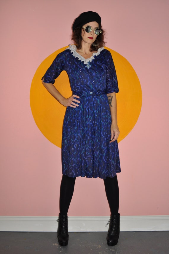 60s 70s Blue Floral Ruffle Dress S - image 5