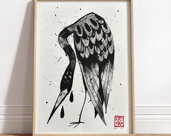 Crane Art Print, Black Ink Drawing, Limited Edition (9x12)