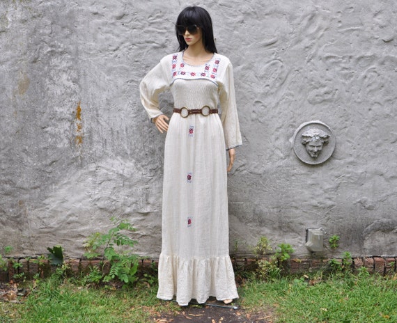 70s White Embroidered Gauze Dress L