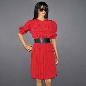 80s Red Polka Dot Dress - Small | Vintage Red Day Dress | Puff Sleeve Secretary Dress | Midi Print Dress