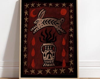 Rabbit Folk Art Print: Dark Vase, Flames, Sun & Moon (Digital Download)