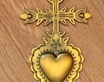 Gold Sacred Heart Wall Art Goth Religious Gold Wall Hanging Eclectic Esoteric Gift for Artist Metal Golden Catholic Milagro Cross Decor