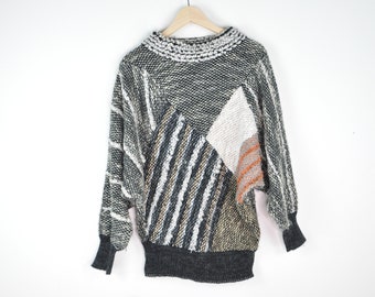 80s Graphic Batwing Sweater - Medium l Gorgeous Earth Tone Sweater 80s Knitwear Colorblock Statement Sweater 80s Sparkle Knit Sweater