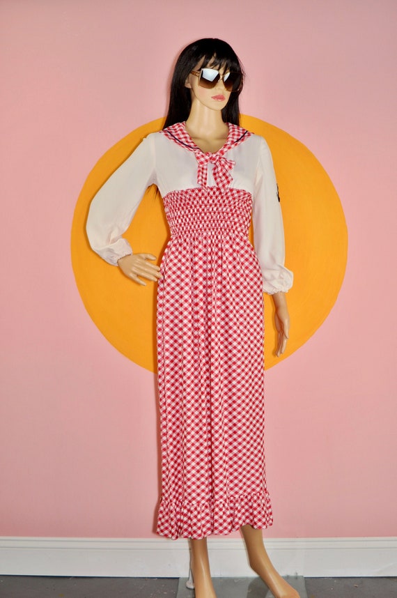 60s 70s Red Checked Sailor Dress S