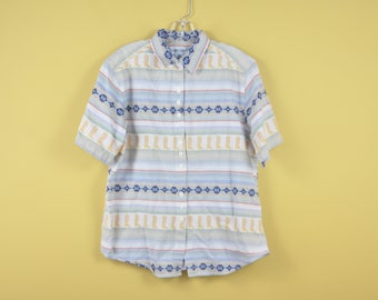 90s Western Print Shirt - Medium |  Southwest Short Sleeve Shirt | Cowboy Print Top | Western Button Down | Cottage Core | 1990s Striped Top