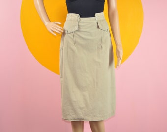 70s Beige Pencil Skirt - Small | Vintage Minimalist High Rise Safari Skirt | Khaki Skirt | Cool Waist Detail