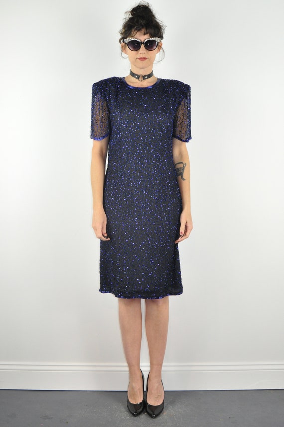 80s Blue Beaded Dress - Medium | Sequin Short Sle… - image 2