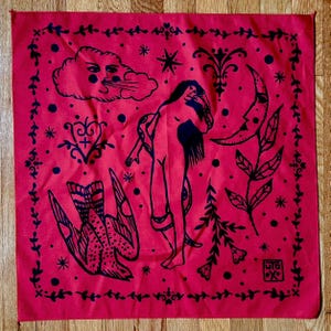 Folk Art Print Bandana | Screen Print Scarf | Medieval Print Bandana | Tarot Cloth | Mystic Graphic Bandana | Red Bandana | Floral Bandana