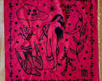 Folk Art Print Bandana | Screen Print Scarf | Medieval Print Bandana | Tarot Cloth | Mystic Graphic Bandana | Red Bandana | Floral Bandana