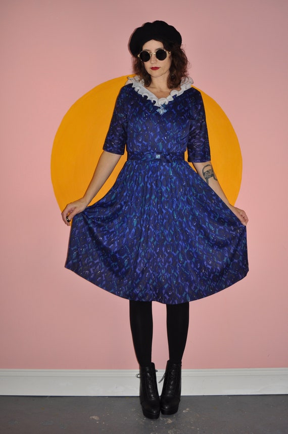 60s 70s Blue Floral Ruffle Dress S - image 2