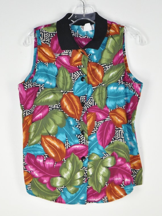 80s Tropical Print Sleeveless Blouse 1980s Outfit 