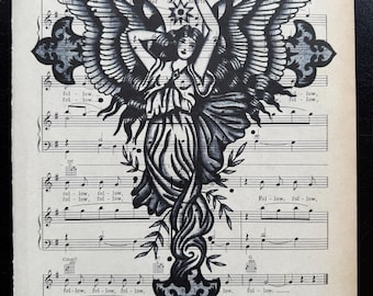 Tattoo Angel Print on Antique Music Paper, Dark Goth Art (9x12)