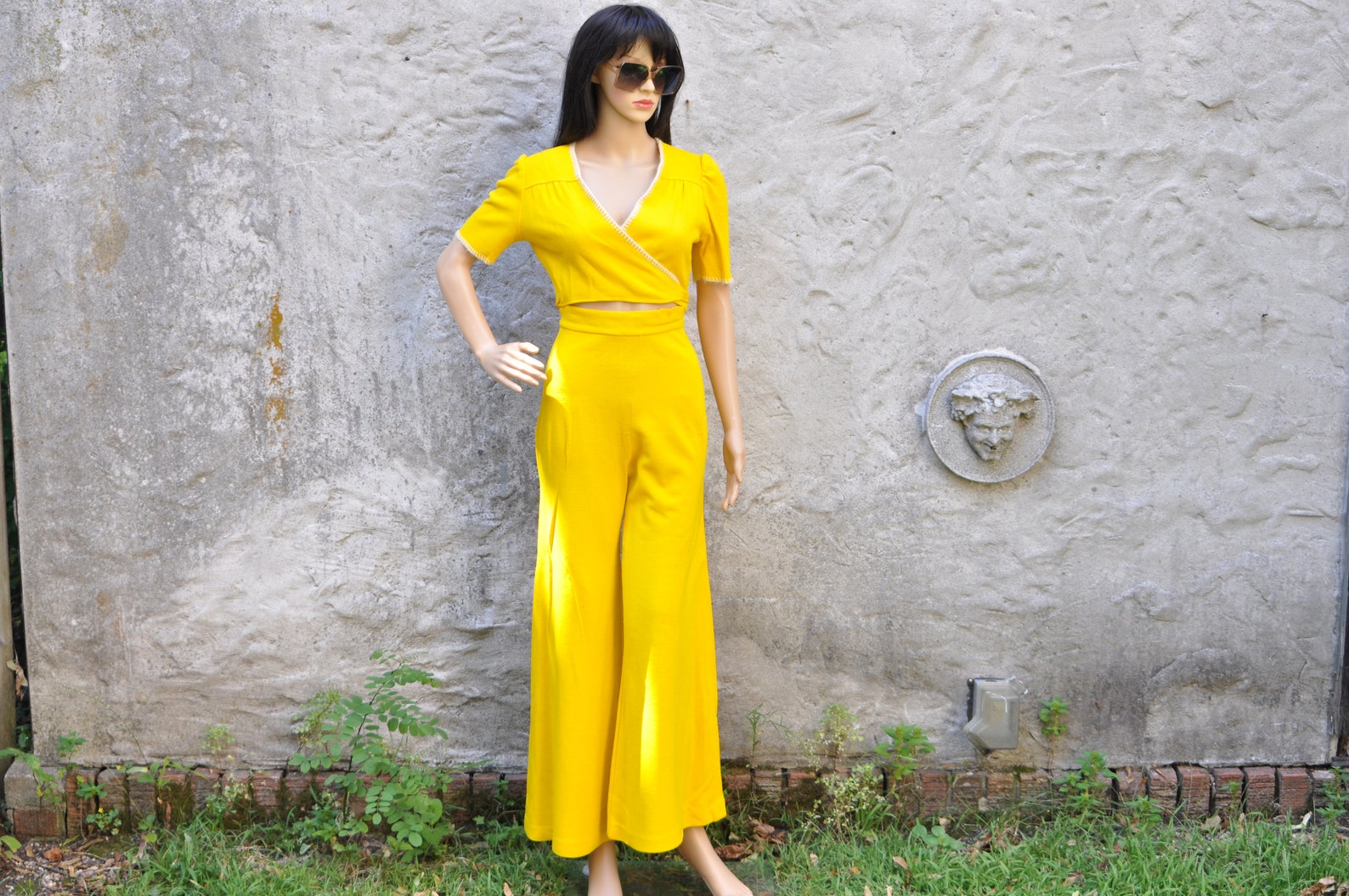 70s Yellow Pant Suit Extra Small Vintage Crop Top Outfit Etsy