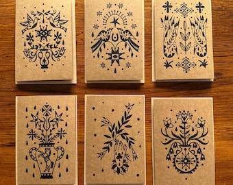 Folk Art Greeting Card Set – Kraft Paper, Black Ink, Artist Designed