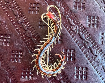 Centipede Brooch – Gold Tone & Amber Enamel Insect Pin – Gothic Statement Jewelry – Weirdcore Nature Accessory