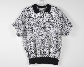 80s Animal Print Blouse - XLarge | Vintage Black and White Polo Blouse | Windbreaker Blouse | Leopard Print Blouse