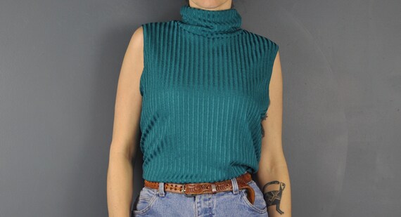 90s Green Sleeveless Turtleneck Ribbed Top XL