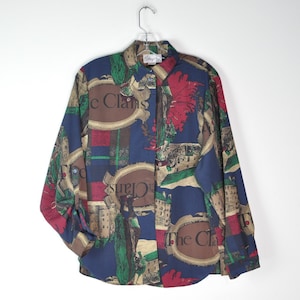 Vintage Map Blouse Top - Medium  | 80s 90s Button Down Shirt | Vintage Patterned Top | Vintage Travel Top