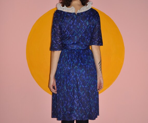 60s 70s Blue Floral Ruffle Dress S - image 7