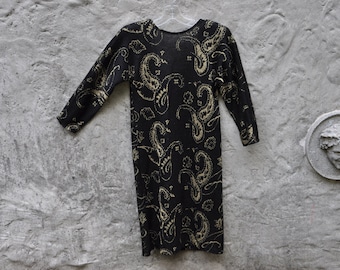 80s Black Gold Paisley Sweater Dress S