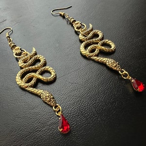 Large Snake Earrings Gold Metal Ruby | Snake Hand Goth Metal Witchy Earrings | Chandelier Dangle Serpent Jewelry | Witch Gift Earrings