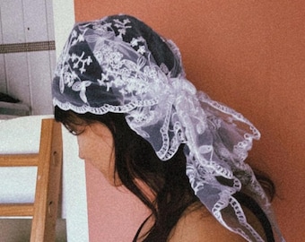 White Lace Head Scarf: Lightweight Embroidered Mesh Triangle Hair Wrap