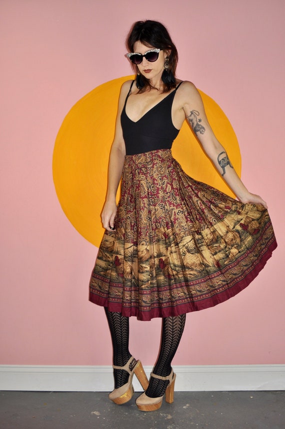 80s Paisley Bird Print Skirt L