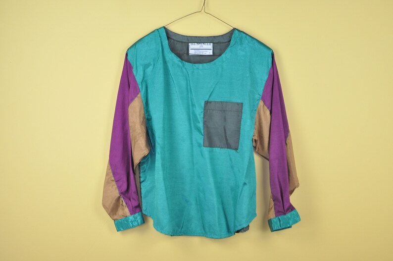 Medium Shiny 80s Shirt 80s Color Block Blouse 80s Bat Wing Sleeves Vintage Color Block Top 90s Satin Blouse