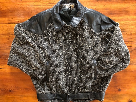 80s Tweed Leather Bomber Jacket - Medium | Vintage