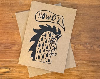 Howdy Horse Greeting Card – Folk Art, Kraft Paper (5x7)