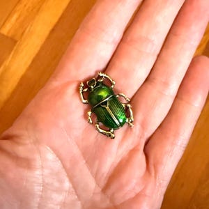 May include: A metallic beetle brooch featuring a vibrant, glossy emerald green finish on its shell and head. The insect-shaped pin has gold-toned legs and antennae, with fine, vertical ridged detailing along the wing covers, creating a realistic look.