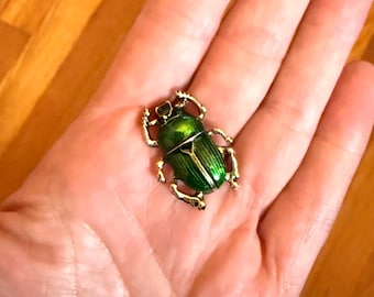 Green Beetle Pin – Gold Tone & Green Enamel Insect Pin – Gothic Statement Jewelry – Weirdcore Nature Accessory