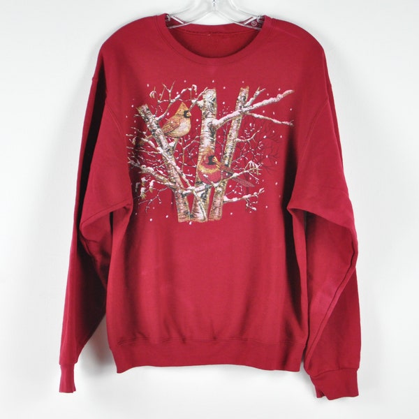 Vintage Red Cardinal Sweatshirt - Medium | Winter Theme Crewneck | Vintage Pullover Sweatshirt | Burgundy Cottage Core Patchwork Crewneck