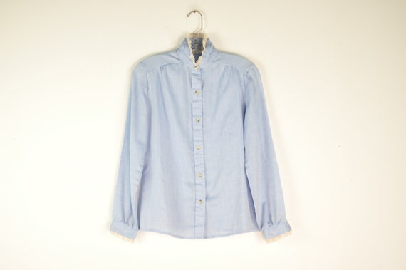 80s Blue Blouse - Small | White Lace Blouse | Cot… - image 1