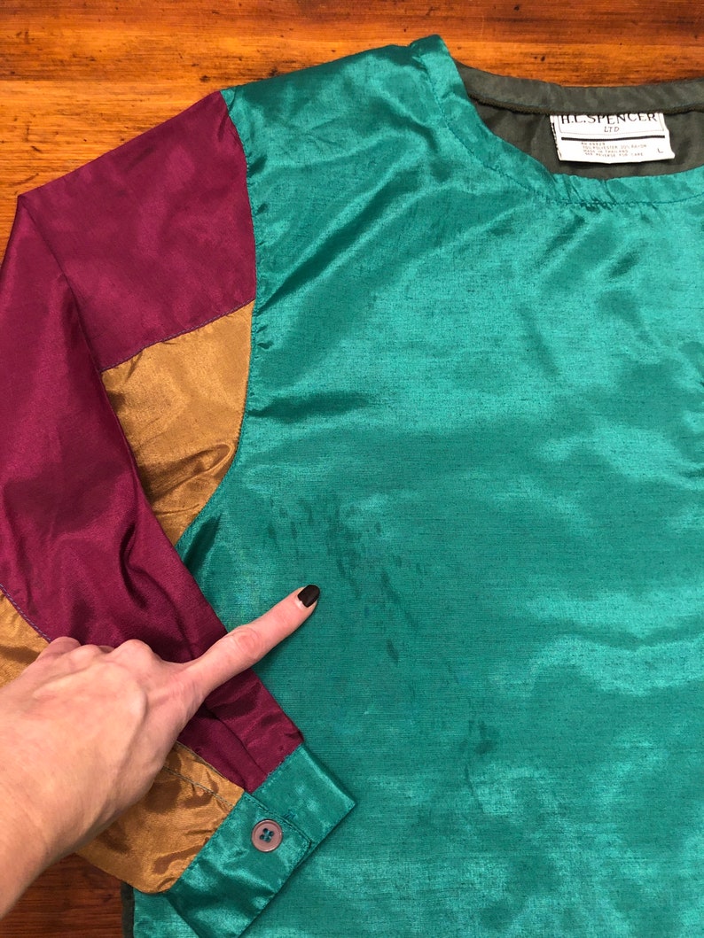 Medium Shiny 80s Shirt 80s Color Block Blouse 80s Bat Wing Sleeves Vintage Color Block Top 90s Satin Blouse