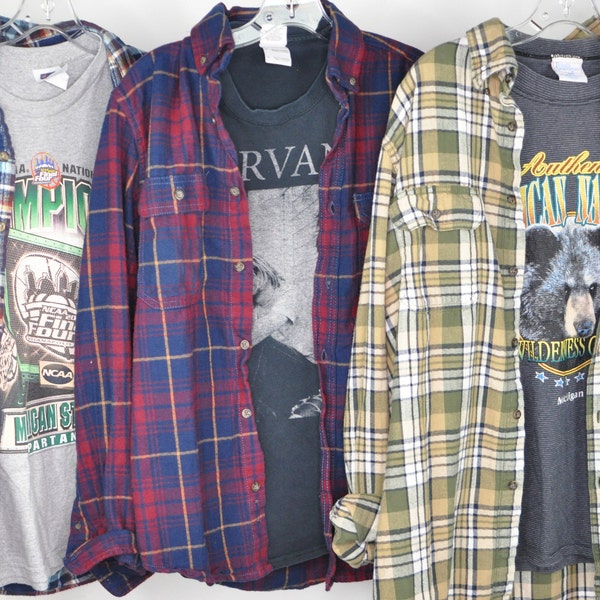 Mystery T-Shirt + Flannel Outfit | Graphic Tee Flannel Thrift Box | 80s 90s Y2K Unisex Animal Travel T-shirt | Grunge Mystery Bundle