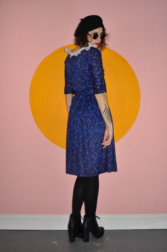 60s 70s Blue Floral Ruffle Dress S - image 6