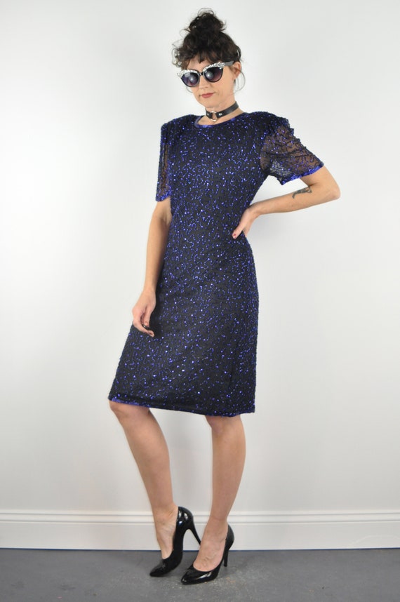 80s Blue Beaded Dress - Medium | Sequin Short Sle… - image 1