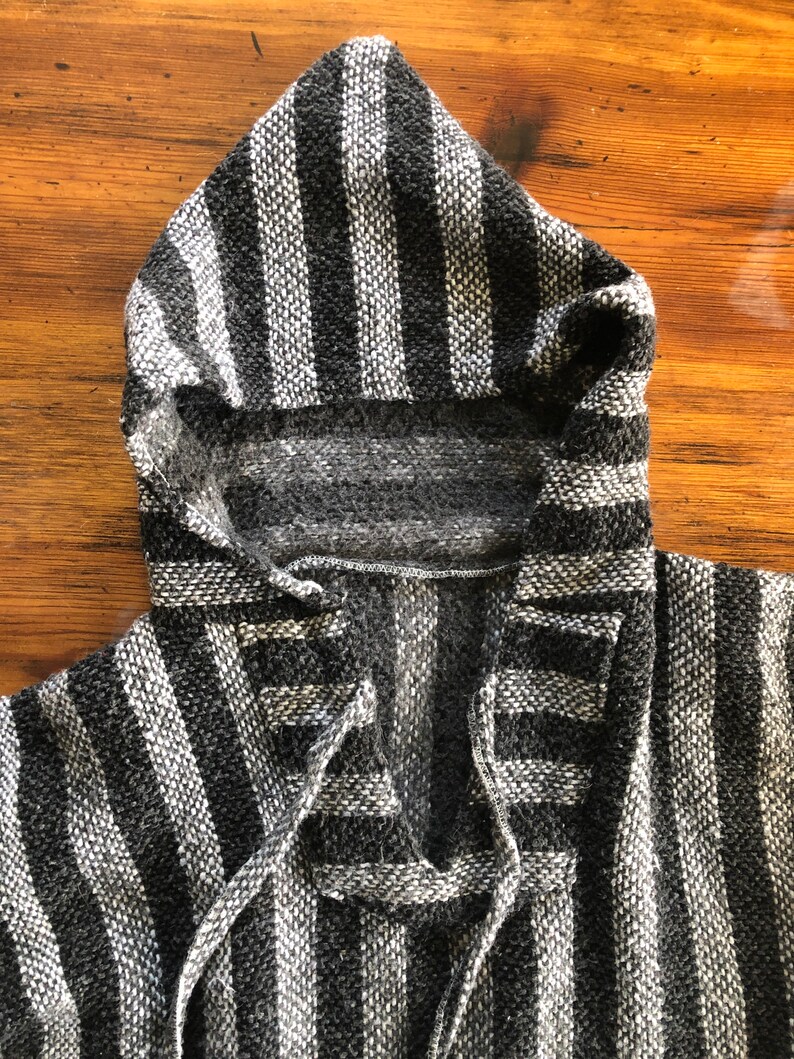 Vintage Mexican Poncho Hoodie Large Vintage Striped Hoodie Poncho Mexican Sweatshirt Vintage Black and Gray Poncho