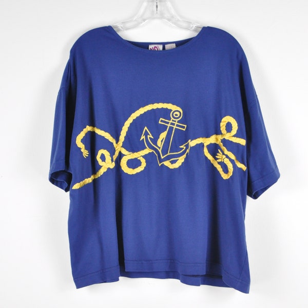 80’s Plus Size Nautical Maps Blue Cotton Top