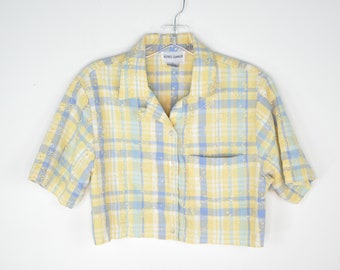 Cropped Button Down - Small | Vintage Y2K Gingham Print Blouse | Short Sleeve 90s Blouse | Yellow Floral Print Top | Cropped Plaid Shirt