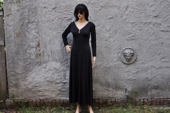 70s Black Long Sleeve Party Maxi Dress - XS | Vin… - image 1