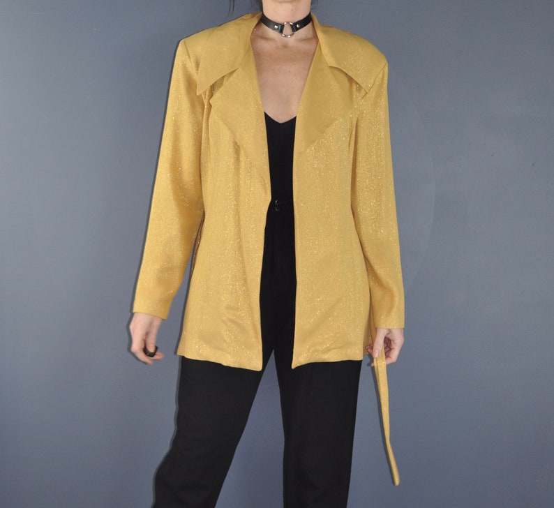 80s Gold Sparkle Cardigan Blazer Jacket Gold Wrap Jacket Party Blazer Large