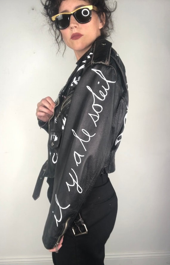 Hand Painted 80s Cropped Leather Jacket - Medium … - image 3